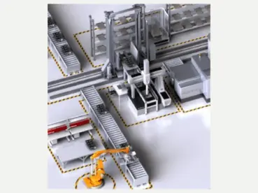 Linha de produção automatizada com robot, transportadores e CMM integrada para inspeção dimensional