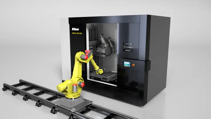 Sistema Nikon VOXLS 40 C 450 automatizado com robô industrial para tomografia em produção