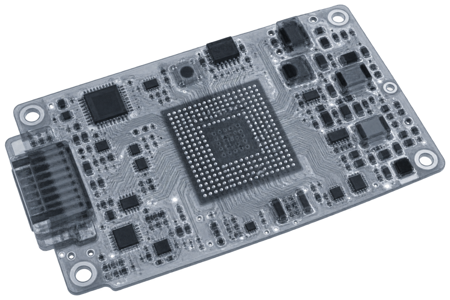 BGA e PCB vistos por raio-X para inspeção de soldaduras e conectores