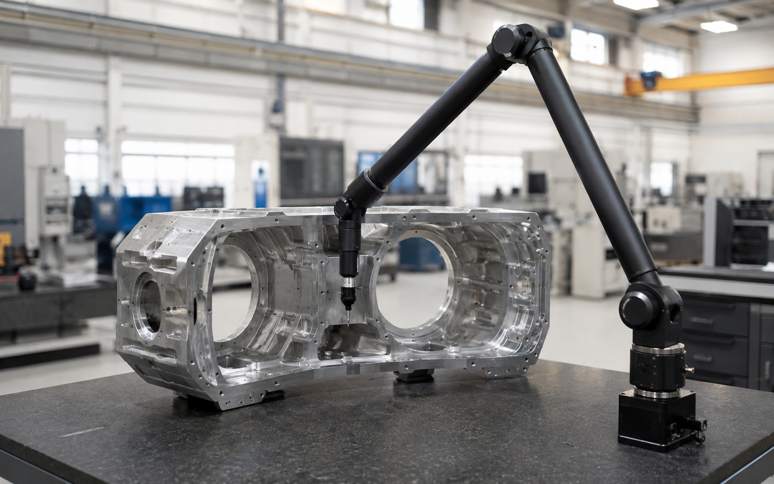 Braço de medição 3D portátil a inspecionar uma peça de alumínio