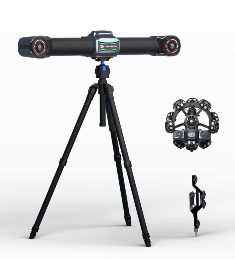 Sistema TrackScan Sharp-Z com scanner portátil e rastreador ótico mostrando alcance de medição até 12 metros