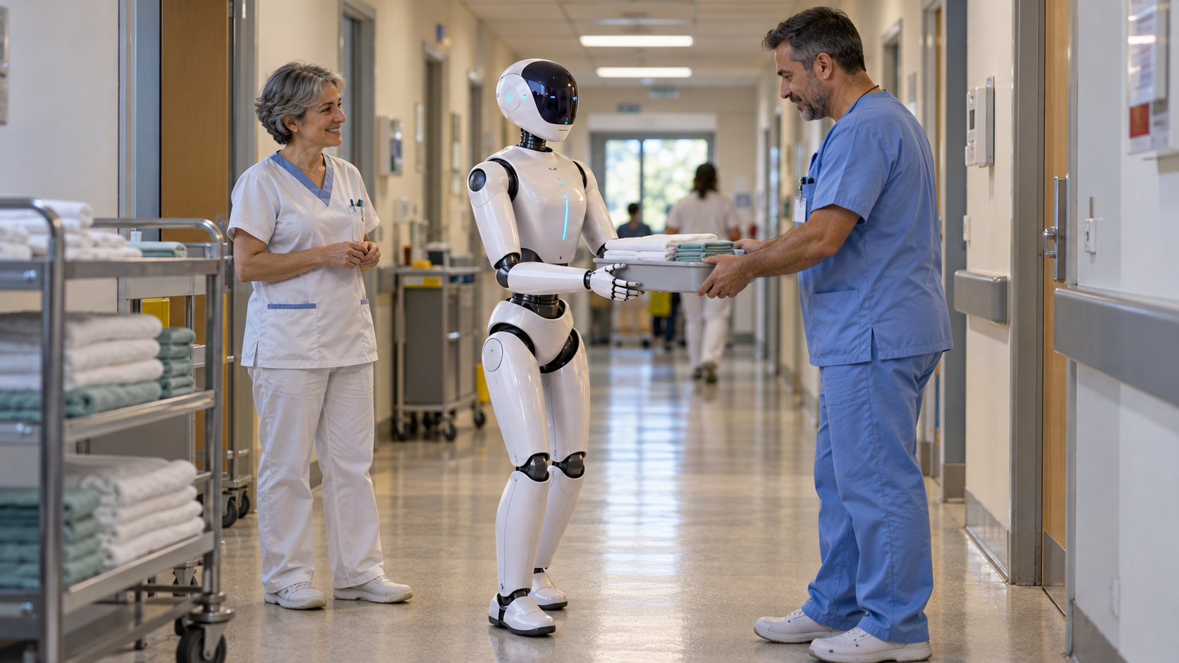 Visualização conceptual — Walker C1 em apoio logístico no hospital
