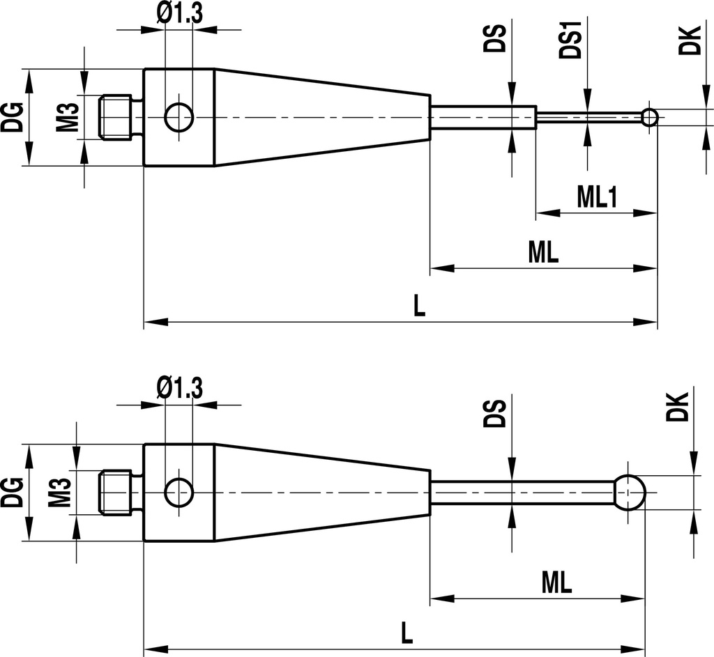 M3 Ø0.3 mm bola de rubi, haste de carboneto de tungsténio, L 20 mm, ML1/ML 2.3/11.0 mm, para ZEISS aplicações