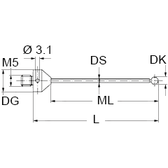 M5 Ø1.5 mm bola de rubi, haste de carboneto de tungsténio, L 32 mm, ML 12 mm, para ZEISS aplicações