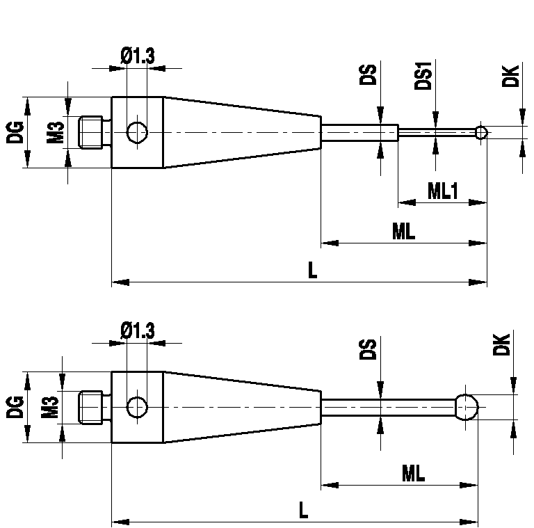 M3 Ø1 mm bola de rubi, haste de carboneto de tungsténio, L 10.5 mm, ML1/ML 5.0/5.5 mm, para ZEISS aplicações