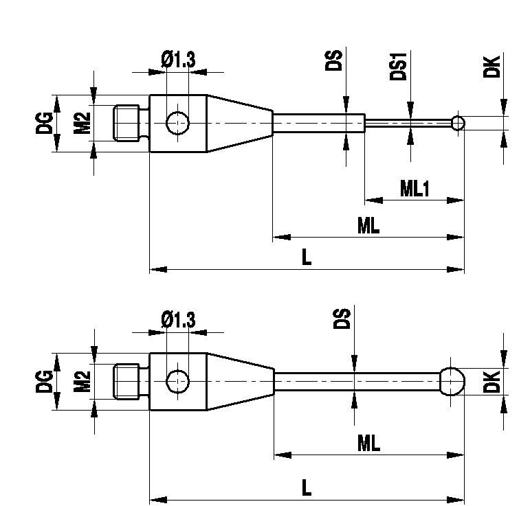 M2 Ø0.25 mm bola de rubi, haste de carboneto de tungsténio, L 17 mm, ML1/ML 2.3/12.5 mm, para ZEISS aplicações