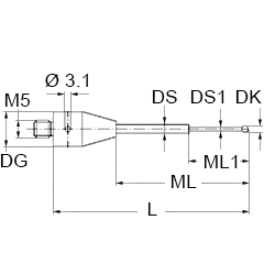 M5 Ø1 mm silicon nitride ball, tungsten carbide stem, L 20 mm, ML 5.0/10.0 mm, for ZEISS applications