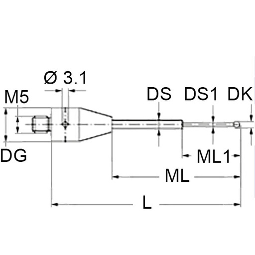 [A-5555-0018] M5 Ø3 mm bola de rubi, haste de carboneto de tungsténio, L 25 mm, ML 15 mm, para ZEISS aplicações